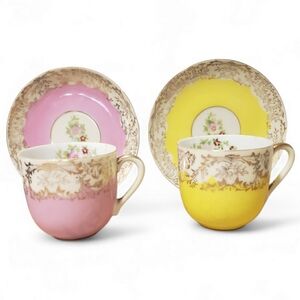 Noritake Demitasse Tea Cup & Saucer Antique Fine China Japan Pink Yellow x 2